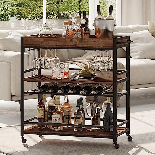 Rolling Bar Cart on Wheels for Home with Wine Rack, Glass Holder