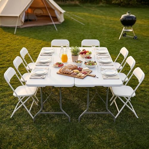 NEWBULIG 6 FT Foldable Table Easy to Fold and Store, Folding Picnic Table for Picnic Camping Kitchen Dining Party Outdoor Indoor with Carrying Handle, White