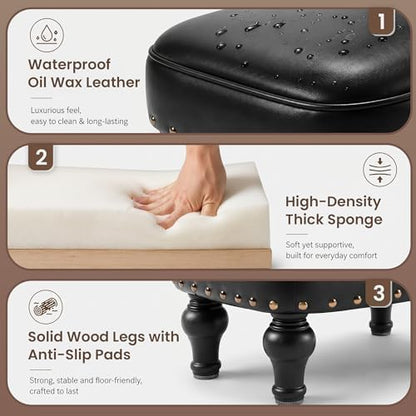 Cmishe Ottoman Leather Footrest,Vintage Footstool,Thickened Foam Upholstered Seat,Wooden Leg Foot Rest,Under Desk Shoe Bench Small Bench for Living Room Dining Room(Black)