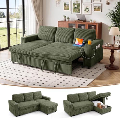 82.5" Pull Out Sleeper Sofa Bed with Storage Chaise, Green