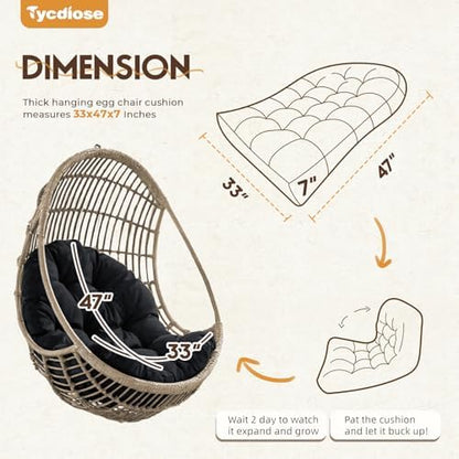 Egg Chair Cushion Replacement, Waterproof Outdoor Hanging Egg Chair Cushion Hammock Swing Chairs Cushions Pads, U-Shaped Thickened Cushions for Hanging Eggs Chairs, 47x33x7 Inches (Black)