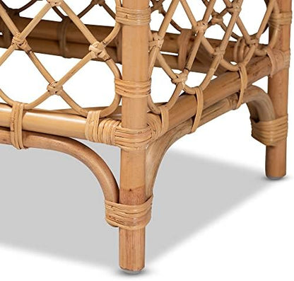 Bali & pari Orchard Natural Rattan Bench with White Cushion – 48" Boho Wicker Ottoman, Handwoven Cane Entryway Seat for Living Room, Bedroom, or Hallway – Coastal & Farmhouse Décor