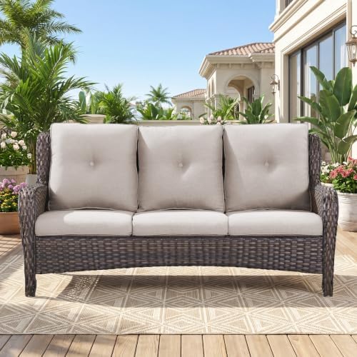 Belord Patio Sofa Luxury PE Wicker 3-Seater Outdoor Couch, Modern All-Weather High Back Deep Seat Woven Furniture Set for Porch, Deck, Balcony, Backyard - Brown/Beige