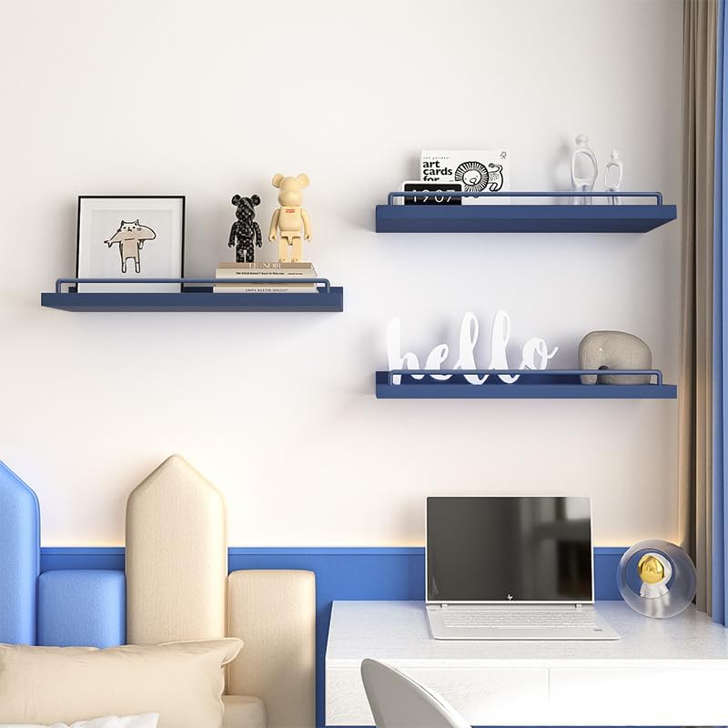RYOFOBETTO Floating Shelves, Bathroom Decor Shelves Over Toilet, Farmhouse Wall Shelves for Living Room, Bedroom, Picture Frames, Plants, Kitchen, Set of 3 (Dark Blue)