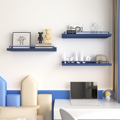 RYOFOBETTO Floating Shelves, Bathroom Decor Shelves Over Toilet, Farmhouse Wall Shelves for Living Room, Bedroom, Picture Frames, Plants, Kitchen, Set of 3 (Dark Blue)