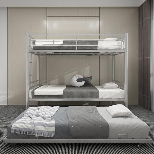 Twin Over Twin Bunk Bed with Trundle, 3-in-1 Metal Triple Bunk Bed Frame Converts into 3 Separate Twin Beds, Heavy-Duty Space-Saving Bunk Bed with Full-Length Guardrail, Ladder, No Box Spring Needed