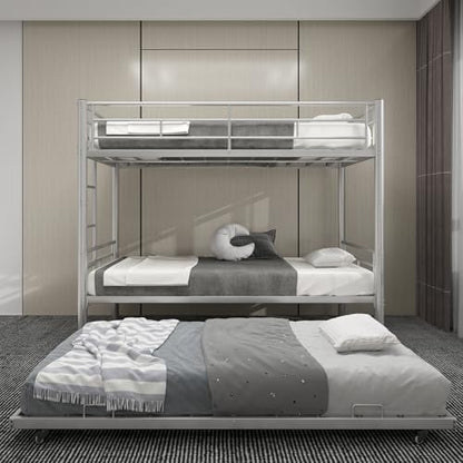 Twin Over Twin Bunk Bed with Trundle, 3-in-1 Metal Triple Bunk Bed Frame Converts into 3 Separate Twin Beds, Heavy-Duty Space-Saving Bunk Bed with Full-Length Guardrail, Ladder, No Box Spring Needed