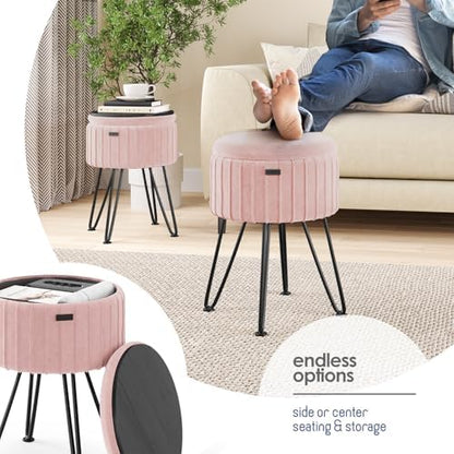 Round Ottoman with Storage, Pleated Velvet Storage Ottoman, Foot Stool Ottomans, Makeup Vanity Stool, Small Ottomans Foot Rest, Modern Vanity Stools for Living Room and Bedroom, Pink