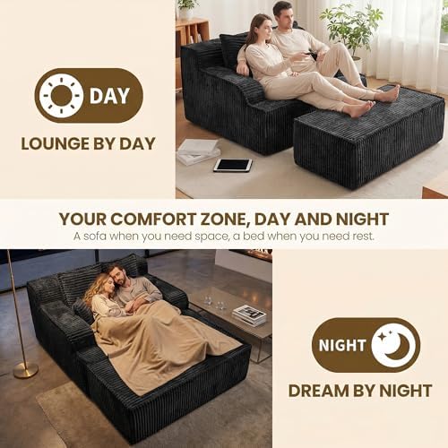 Chaise Lounge Chair Indoor,Boneless Chair with Ottoman,Comfy Reading Chair for Adults,Small Sofa Bed Couch for Living Room,Double Size,Black