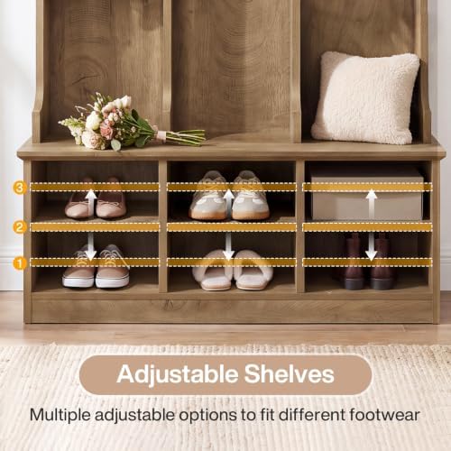 Tribesigns Hall Tree with Bench and Shoe Storage, Rustic Oak