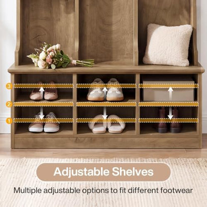 Tribesigns Hall Tree with Bench and Shoe Storage, Rustic Oak