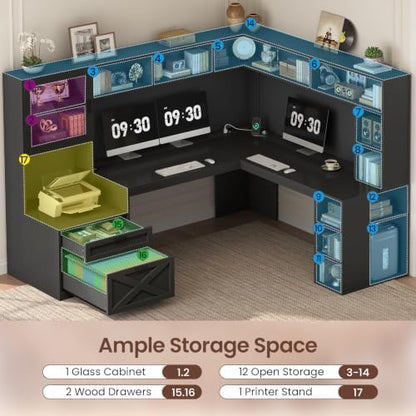 SEDETA 68" Farmhouse L Shaped Computer Desk with Hutch, Storage Drawers