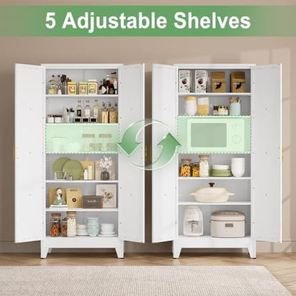 Ckzbx 75" H Metal Kitchen Pantry Storage Cabinet with Doors and Adjustable Shelves for Kitchen, Living Room, Dinning Room (White)