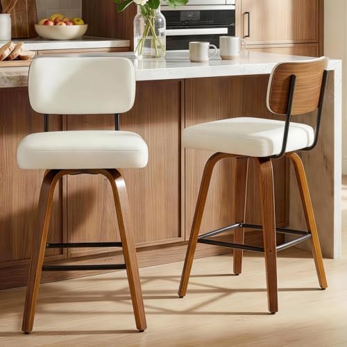 Swivel Bar Stools Set of 2, 26" Counter Height with Wooden Back, Ivory
