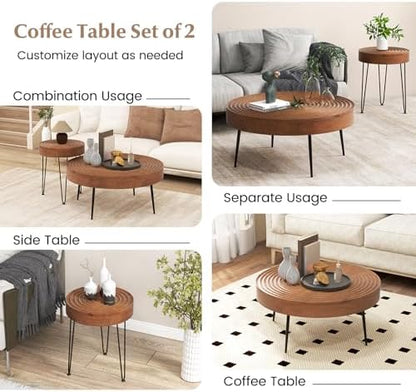 GIANTEX Boho Round Coffee Table Set of 2, Sofa Side Nesting Table with Solid Pine Wood Top, Metal Legs & Adjustable Foot Pads, 31.5" D Large Table Set for Living Room (Ring Pattern, Brown)