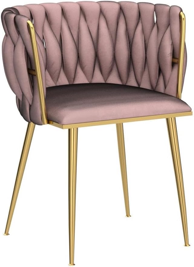 Velvet Dining Chairs Set of 6, Gold Modern Dining Chair with Metal Legs, Woven Upholstered Dining Chairs for Dining Room, Kitchen, Vanity, Living Room (Pink)