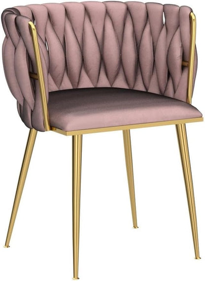 Velvet Dining Chairs Set of 6, Gold Modern Dining Chair with Metal Legs, Woven Upholstered Dining Chairs for Dining Room, Kitchen, Vanity, Living Room (Pink)