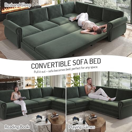 118" Chenille L-Shaped Pull-Out Couch Chesterfield Sleeper Sofa Bed, Green