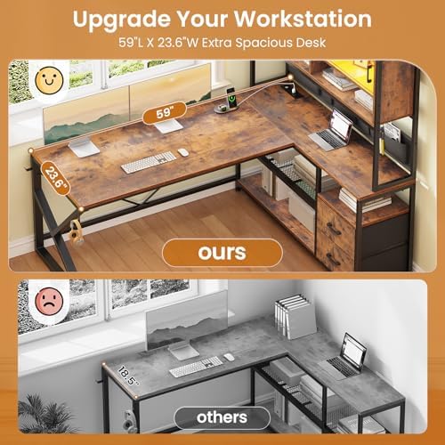 SEDETA L Shaped Office Desk with Storage Shelves, 2 Drawer, LED Light