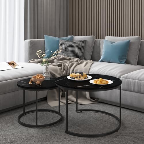 27.6" Round Nesting Coffee Table Set of 2, Black & Black Marble