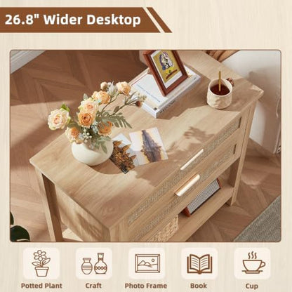 LEYAOYAO 26.8" Wide Rattan Night Stand, Oversized Large Nightstand