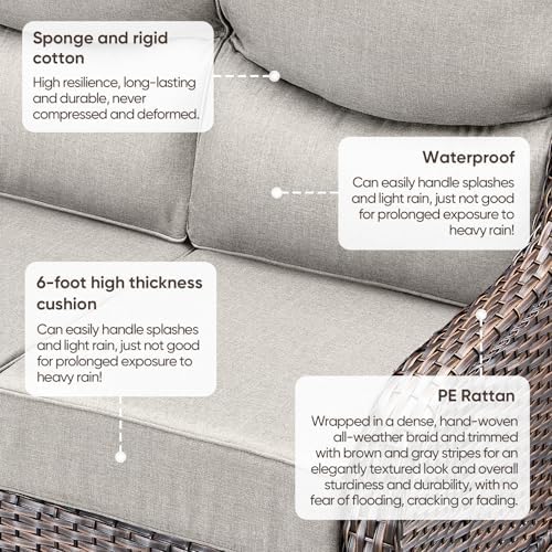 Luxury Patio Sofa 3-Seat Wicker Couch with 6" Thick Cushion - Outdoor Furniture Rattan Sofa with Deep Seating High Back Outdoor Sofa for Patio Garden Balcony Sunroom Backyard, Brown | Beige