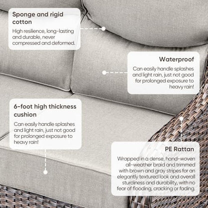 Luxury Patio Sofa 3-Seat Wicker Couch with 6" Thick Cushion - Outdoor Furniture Rattan Sofa with Deep Seating High Back Outdoor Sofa for Patio Garden Balcony Sunroom Backyard, Brown | Beige