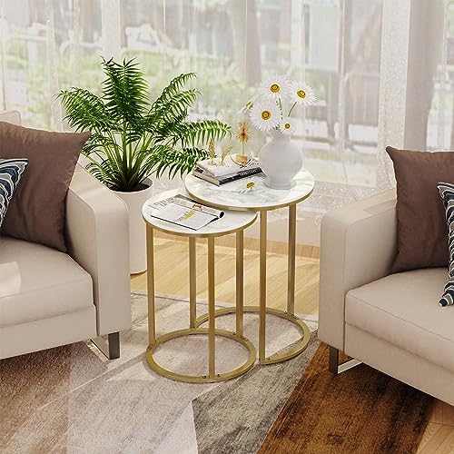 Wisfor Round Nesting Coffee Table: Set of 2 White Sintered Stone Stacking Side Table with Golden Metal Frame - Small Sofa End Table for Living Room Bedroom, 15.7x21.5 (13.8x19.7)
