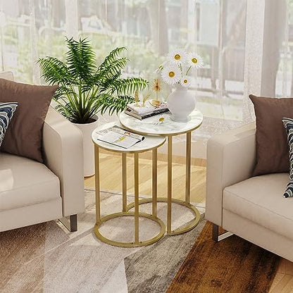 Wisfor Round Nesting Coffee Table: Set of 2 White Sintered Stone Stacking Side Table with Golden Metal Frame - Small Sofa End Table for Living Room Bedroom, 15.7x21.5 (13.8x19.7)
