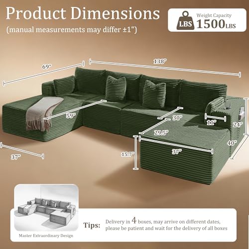 138" Cloud Sectional Couch, Comfort U Shaped Boneless Couch for Living Room, Extra Deep Seats No Assembly, Minimalist Modular Sofa, Corduroy (Olive Green, 3 Seater+Left Facing Chaise+Ottoman)