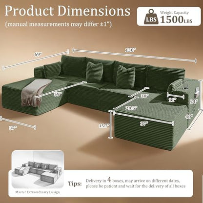 138" Cloud Sectional Couch, Comfort U Shaped Boneless Couch for Living Room, Extra Deep Seats No Assembly, Minimalist Modular Sofa, Corduroy (Olive Green, 3 Seater+Left Facing Chaise+Ottoman)