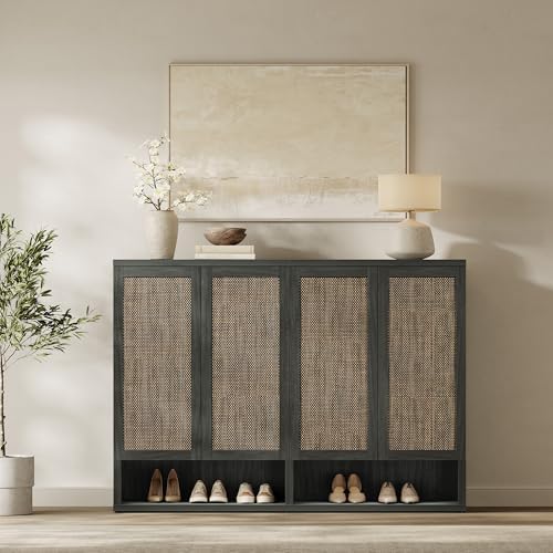SICOTAS 65.6" Wide Rattan Shoe Storage Cabinet for Entryway with Doors