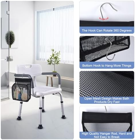 2 Pack Hanging Shower Caddy for Shower Chair, Mesh Shower Caddy with Hooks for Elderly, Pregnant, Patient, and Disabled, Also Suitable for Dorm, Gym, RV, Travel and Kitchen