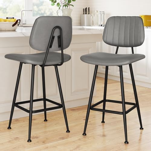 Raynesys 24-Inch Leather Bar Stools Set of 2 with High Backrest, Grey