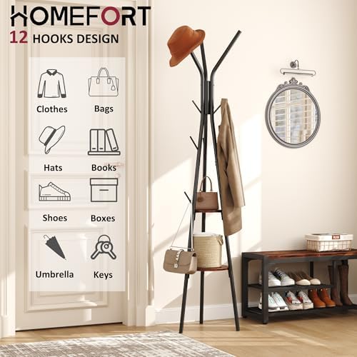 HOMEFORT Coat Rack, Coat Hanger Stand with 2 Shelves, Freestanding Hall Tree, Metal Hat Hanger with 12 Hooks for Clothes Hats and Scarves, Black and Rustic Brown,15.7" Wx15.7 Dx72.8H