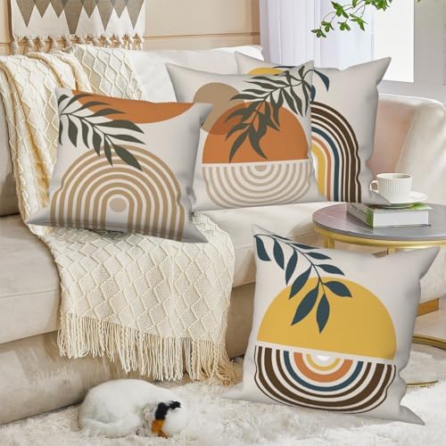 Abstract Geometric Boho Throw Pillow Covers 16"x16" Set of 4, Morden Minimalist Art Aesthetic Leaves Boho Pillowcase for Sofa Chair Couch Bed Living Room Office Garden Patio Farmhouse