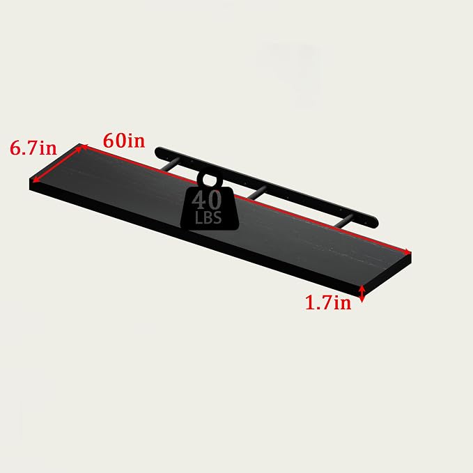 Floating Shelves for Wall, 60 Inch Extra Long Black Wall Shelves, Set of 4, Hanging Invisible Brackets Floating Shelves for Living Room,Bedroom,and Kitchen，Floating (Black, 4T60IN)