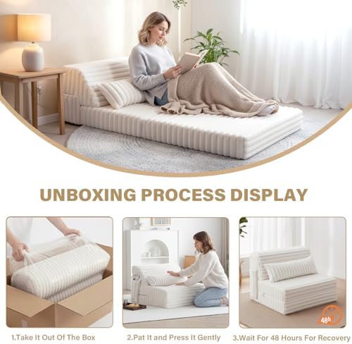 Tiita Folding Sofa Bed Convertible Sleeper Chair Mattress with Pillow & Side Pocket, Thick Corduroy Floor Mattress Couch Bed, Single Size, Beige