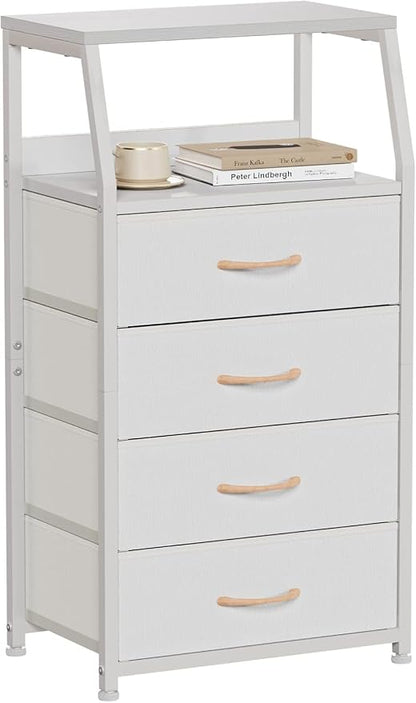 Furnulem Tall 4 Drawers Dresser, Vertical Storage Tower for Bedroom, Hallway, Entryway, Nursery, Closet Organizer, Nightstand Bedside Table Furniture, Sturdy Steel Frame, Wood Top, White