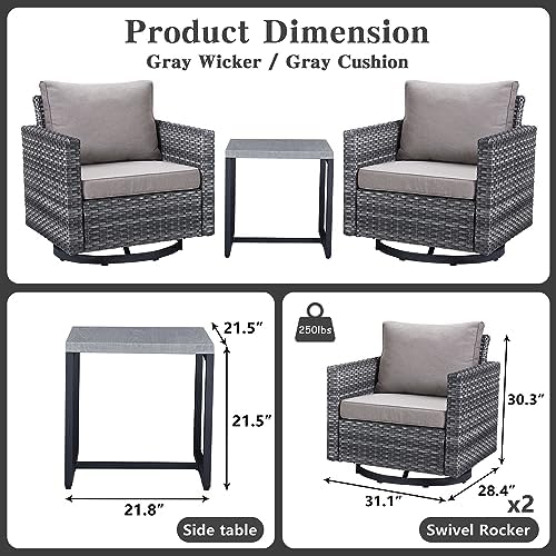Belord Outdoor Bistro Set 3 Piece Wicker Swivel Rocker Patio Chairs, Oversize Outdoor Rattan Seating Set, Patio Swivel Glider Chairs Wicker Furniture with Metal Side Table for Outside Porch Backyard