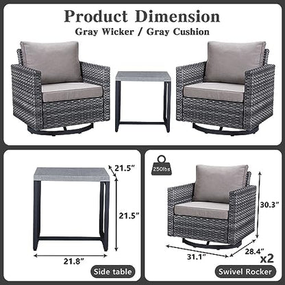 Belord Outdoor Bistro Set 3 Piece Wicker Swivel Rocker Patio Chairs, Oversize Outdoor Rattan Seating Set, Patio Swivel Glider Chairs Wicker Furniture with Metal Side Table for Outside Porch Backyard