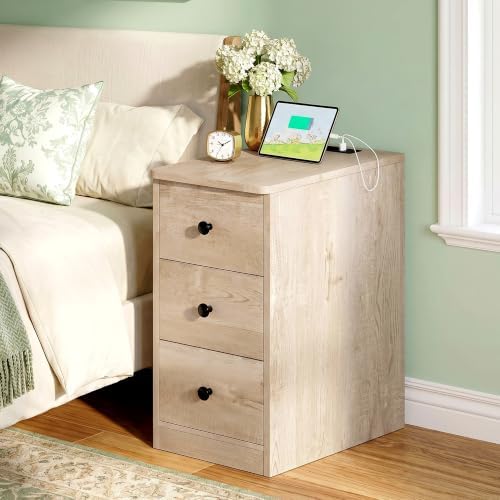 LIKIMIO Nightstand with Charging Station, 3 Drawers Modern for Bedroom
