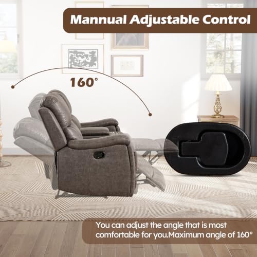 CANMOV Faux Leather Manual Reclining Sofa Set, 2 Manual Single Recliner Chairs and 2 Seat Recliner Loveseat with Center Console, Hidden Storage and Cup Holders for Living Room,Bedroom Furniture,Grey