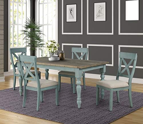 Roundhill Furniture Prato Wood Cross Back Upholstered Dining Chairs, Set of 2, Antique Blue and Tan