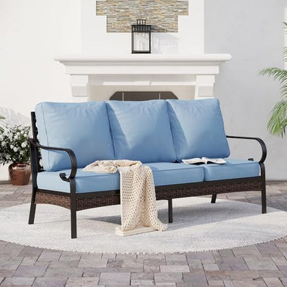 SUNSHINE VALLEY 3-Seat Metal Patio Sofa, 5.75" Thick Cushions, Black/Blue