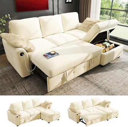 Ihanherry Modular Convertible Sectional Sofa Bed, Reversible Chaise & Storage Ottoman, 3-Seater Pull Out Sleeper with USB Ports & Chenille Fabric, for Small Space, Living Room, Apartment（Beige）