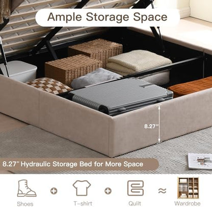 VELOCAVA Queen Size Lift-Up Storage Bed, Modern Upholstered Platform Frame, Ample Under-Bed Storage, Button-Tufted Headboard, Sturdy Wooden Slats, No Box Spring Needed, Linen-Textured Light Khaki