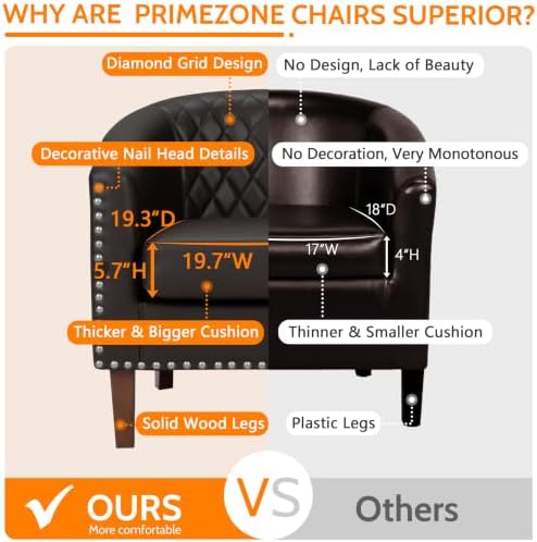 PrimeZone Barrel Chair Set of 2, Comfy Accent Chair, Faux Leather Living Room Chairs Club Chair with Cushion, Nailhead Trim and Diamond Grid Backrest, Reading Chair for Bedroom Waiting Room, Brown