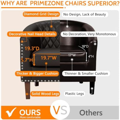 PrimeZone Barrel Chair Set of 2, Comfy Accent Chair, Faux Leather Living Room Chairs Club Chair with Cushion, Nailhead Trim and Diamond Grid Backrest, Reading Chair for Bedroom Waiting Room, Brown