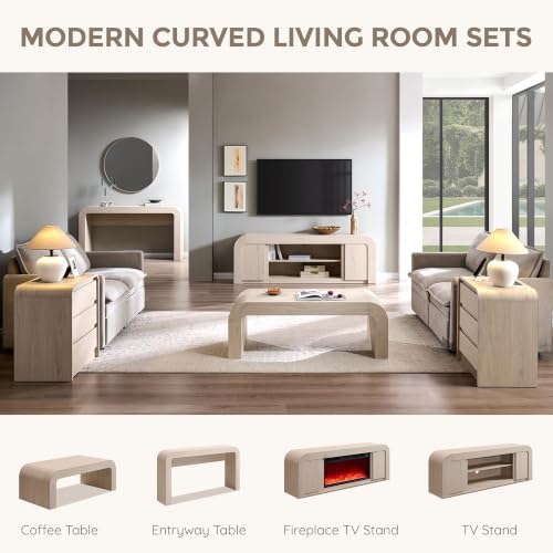 48" Modern Curved Coffee Table, Wood Minimalist Center Table, Cream